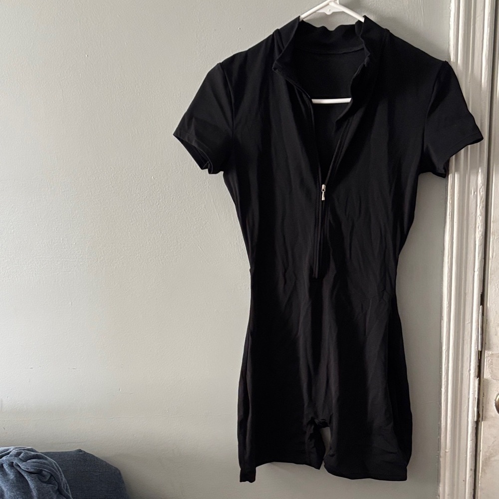 Black Short-Sleeve Zip Front Romper
